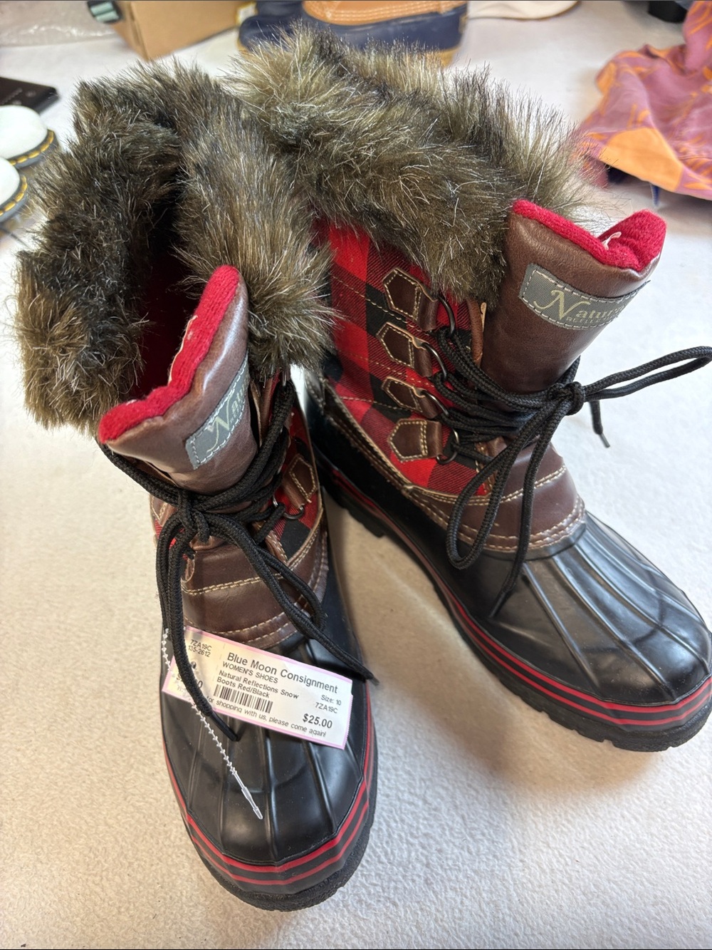 Natural Reflections Brown and Red Plaid Lace-Up Winter Boots